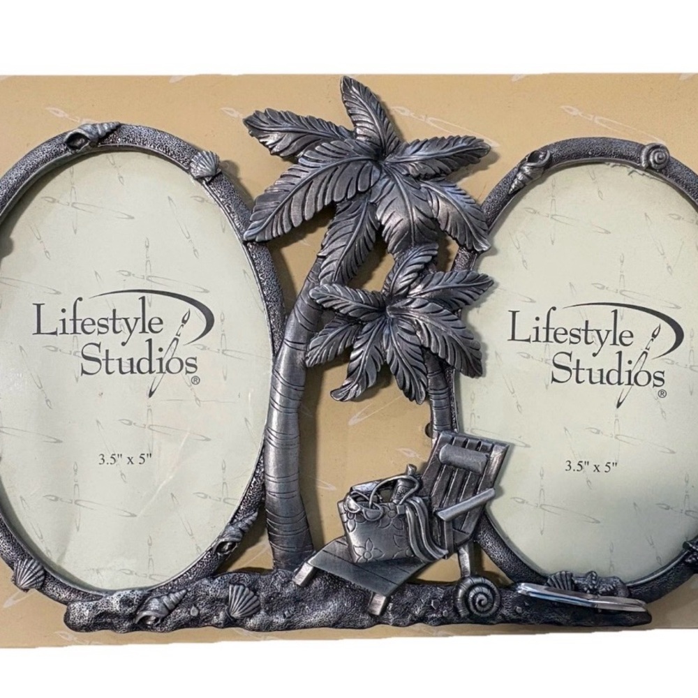 Double Frame Pewter Picture Frame Palm Tree Shells a Beachy Vibe Fun in the Sun